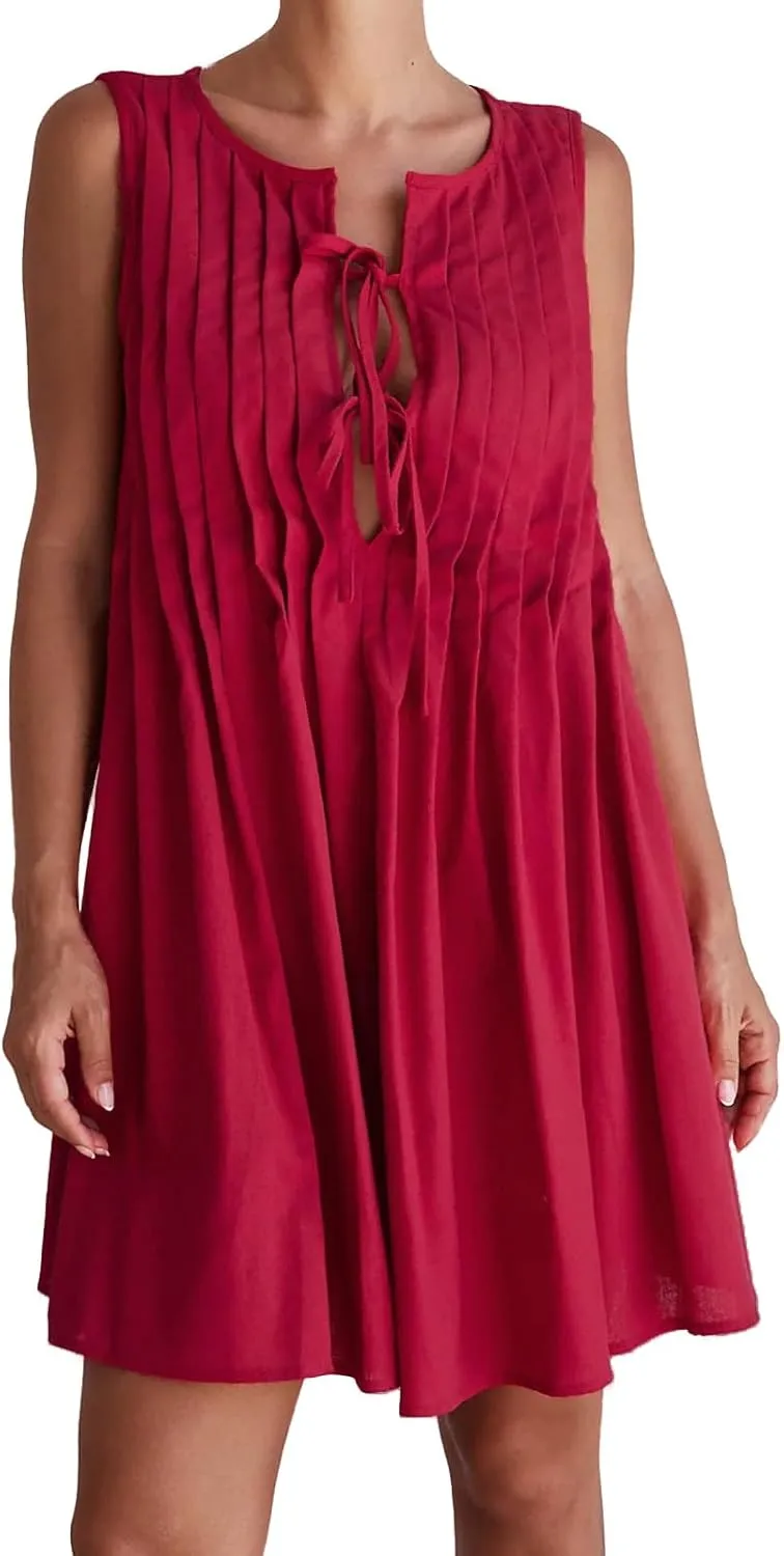 Womens Summer Sleeveless Pleated Dress Tie Front Loose Casual Short Sun Dresses