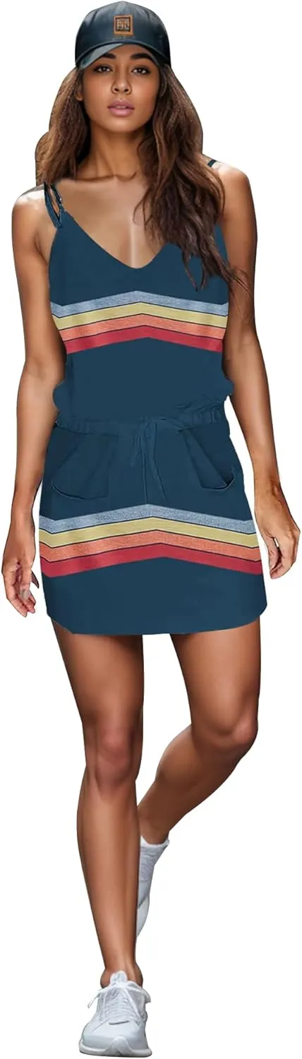 Womens Summer Trendy Striped Dresses Sleeveless Halter Strap Mini Dress with Pockets