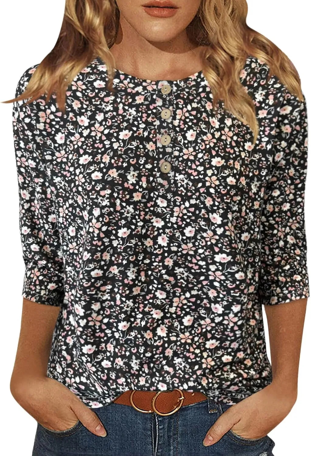 Womens Tops Casual 3/4 Sleeve Shirts Crew Neck Loose Casual Blouses Floral Print Tshirts