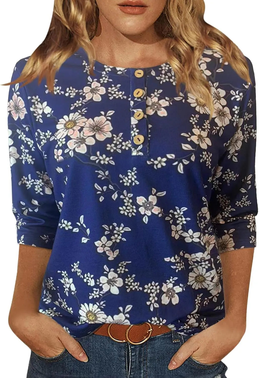 Womens Tops Casual 3/4 Sleeve Shirts Crew Neck Loose Casual Blouses Floral Print Tshirts