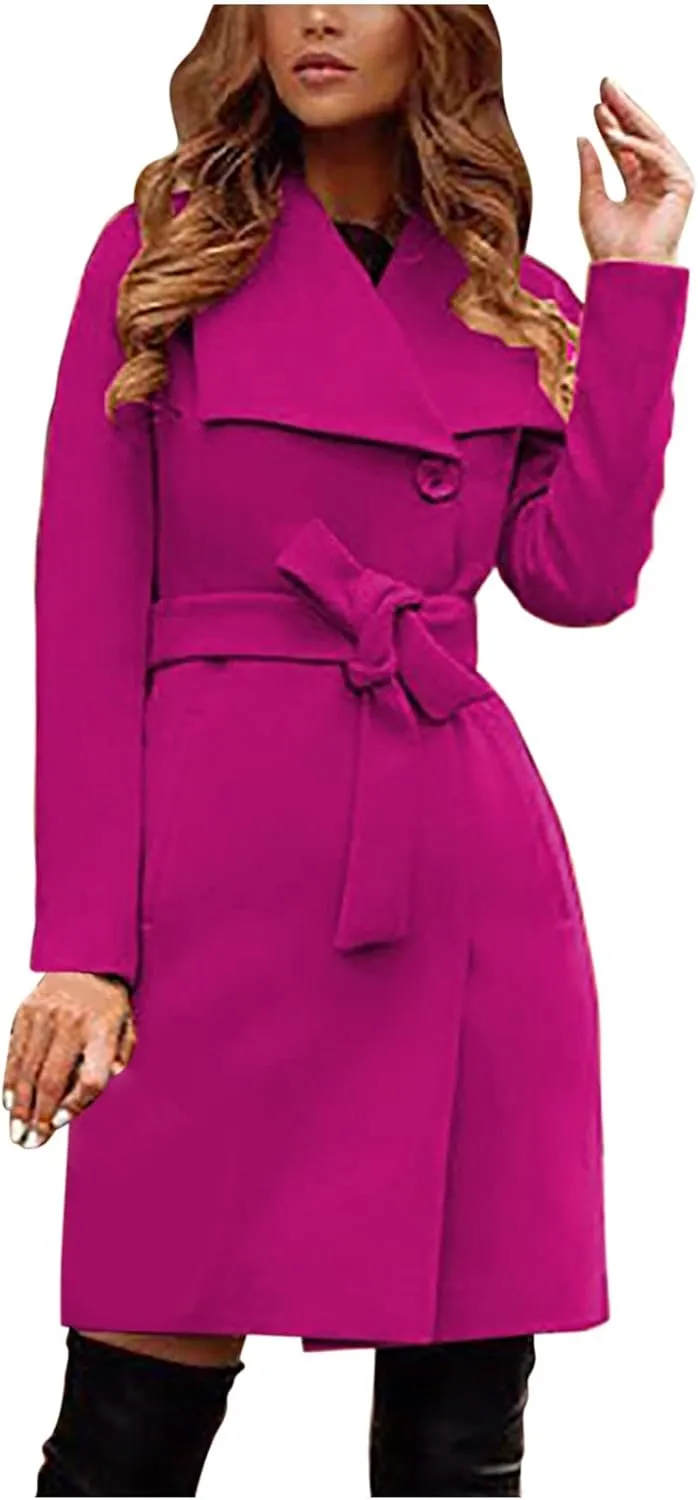 Women's Trench Coat Fall Winter Classic Lapel Collar Wool Blend Long Jackets Open Front Belted Peacoat with Pockets