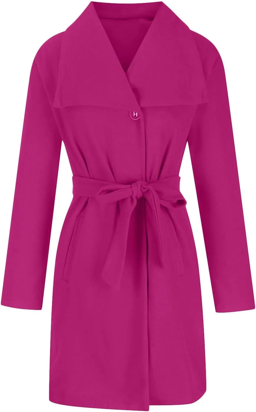 Women's Trench Coat Fall Winter Classic Lapel Collar Wool Blend Long Jackets Open Front Belted Peacoat with Pockets