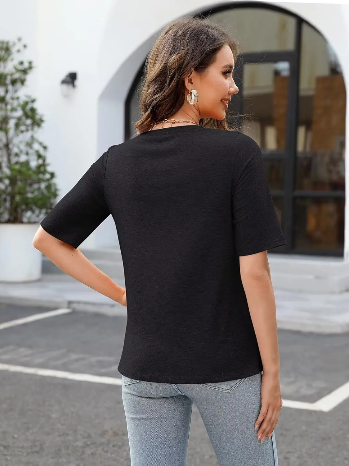 Women's V Neck T Shirts Half Sleeve Tops Casual Solid Summer Tees