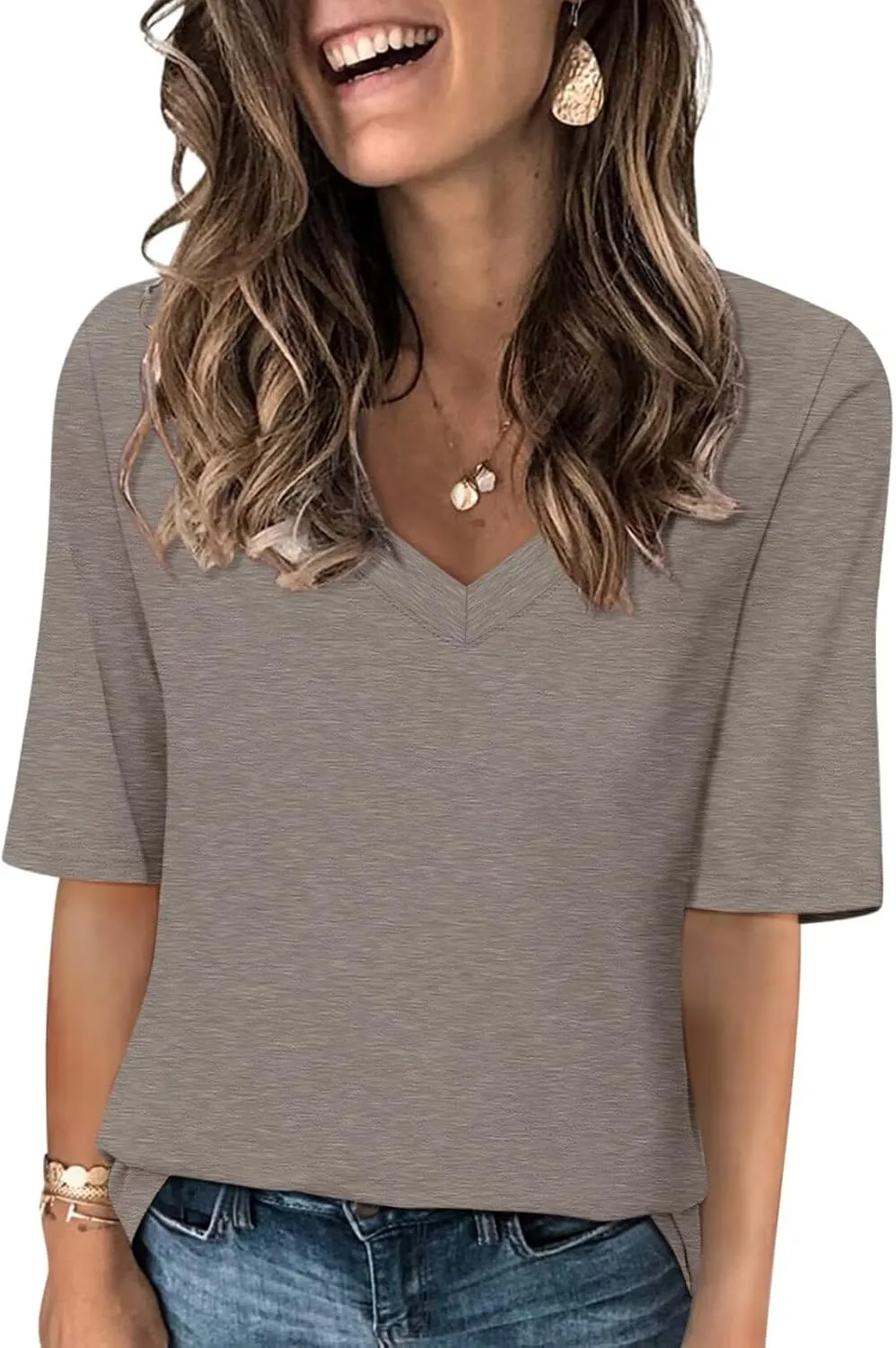 Women's V Neck T Shirts Half Sleeve Tops Casual Solid Summer Tees