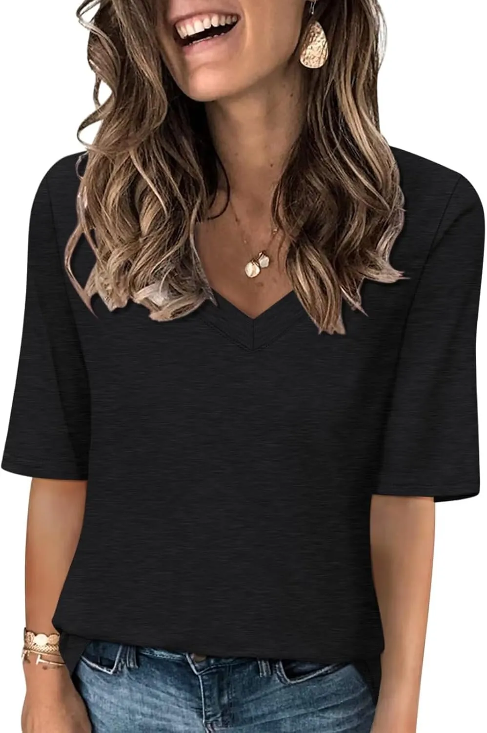 Women's V Neck T Shirts Half Sleeve Tops Casual Solid Summer Tees