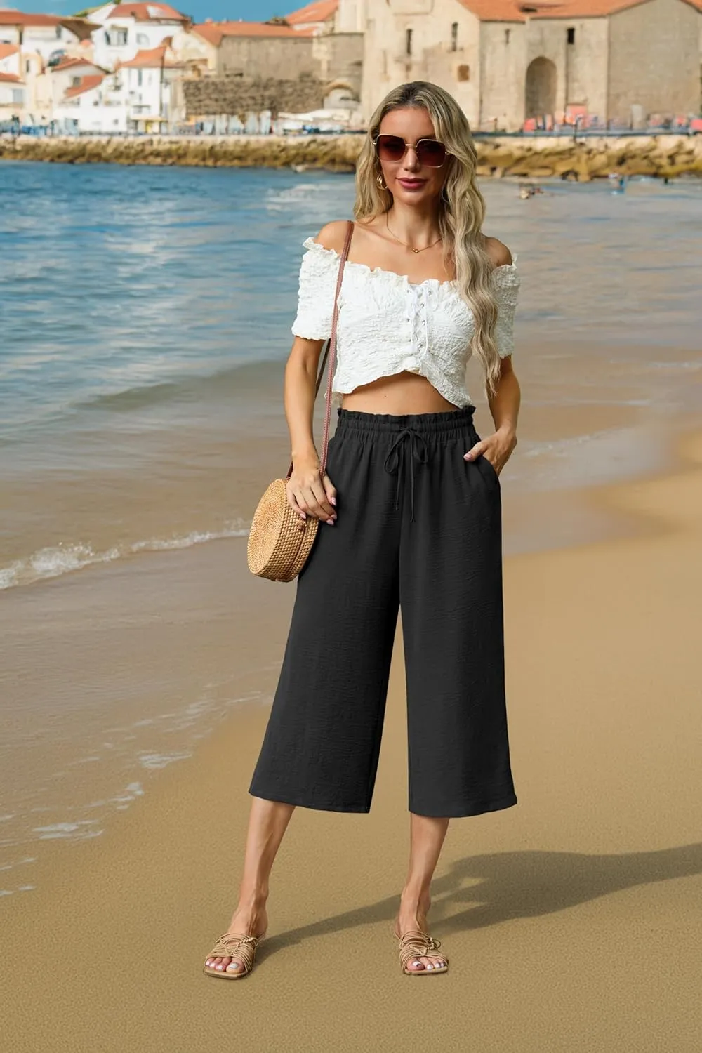 Womens Wide Leg High Waisted with Tie Belt Pockets Summer 2025 Vacation Pants