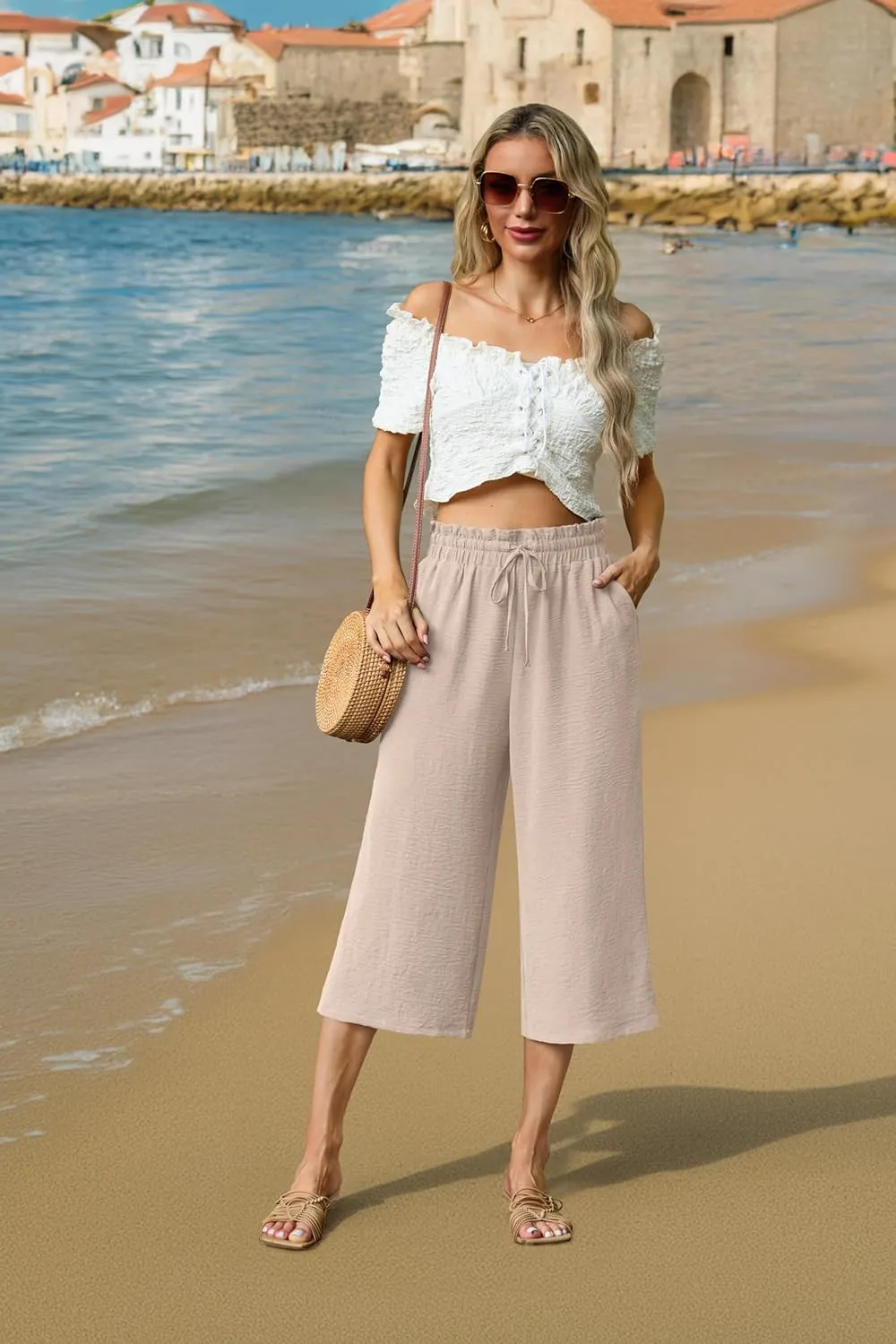 Womens Wide Leg High Waisted with Tie Belt Pockets Summer 2025 Vacation Pants