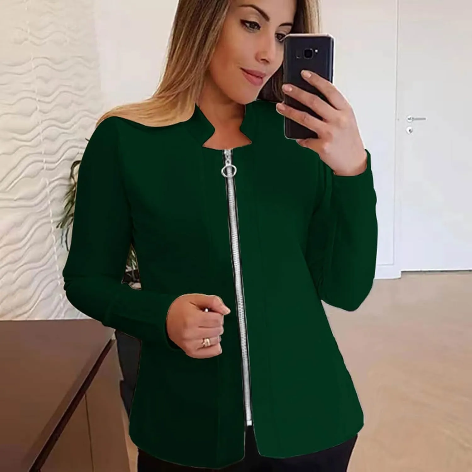 Women's Zip Suit Jackets Fashion Collared Slim Blazers Casual Long Sleeve Work Office Blazer Lightweight Fall Clothes