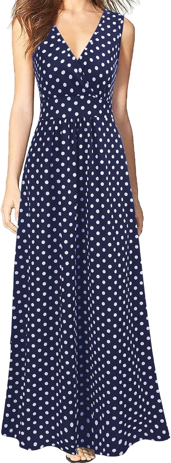 WOOSEA Women Sleeveless Deep V Neck Loose Plain Long Maxi Casual Dress