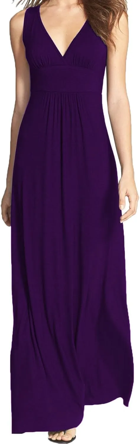 WOOSEA Women Sleeveless Deep V Neck Loose Plain Long Maxi Casual Dress