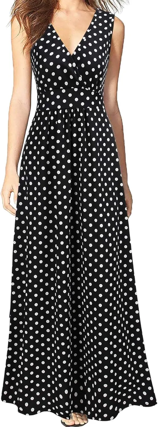 WOOSEA Women Sleeveless Deep V Neck Loose Plain Long Maxi Casual Dress