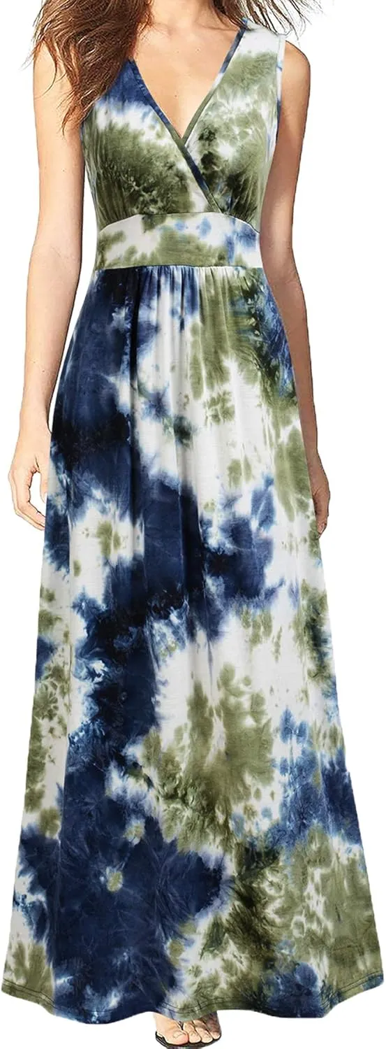 WOOSEA Women Sleeveless Deep V Neck Loose Plain Long Maxi Casual Dress
