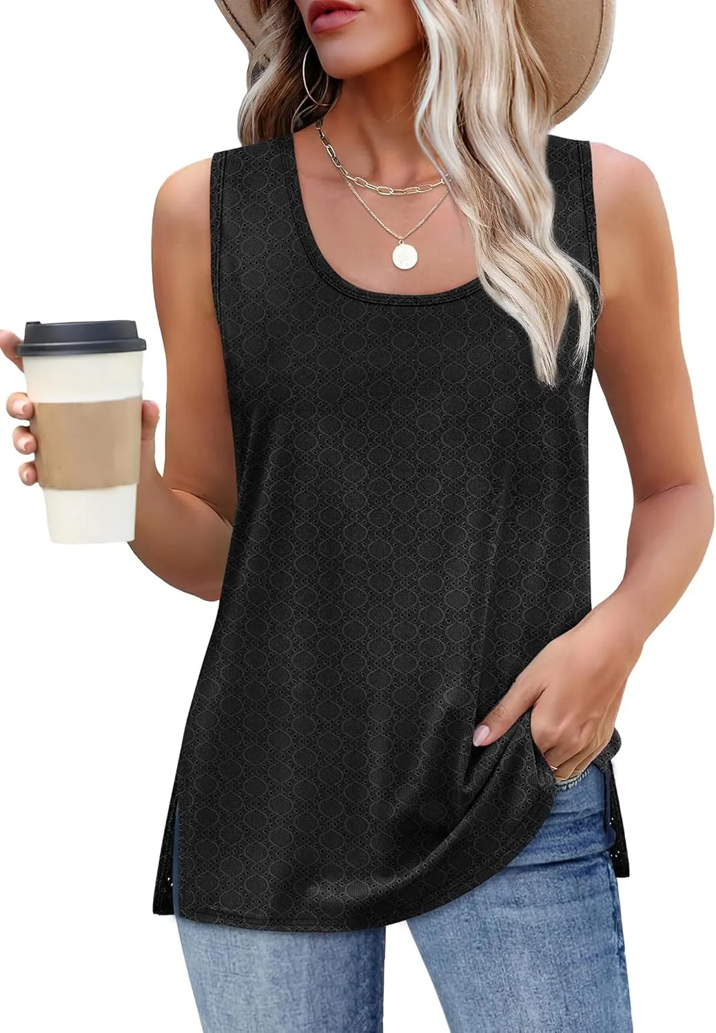 XIEERDUO Womens Tank Tops Sleeveless Eyelet Embroidery Summer Tops Dressy Casual Loose Fit