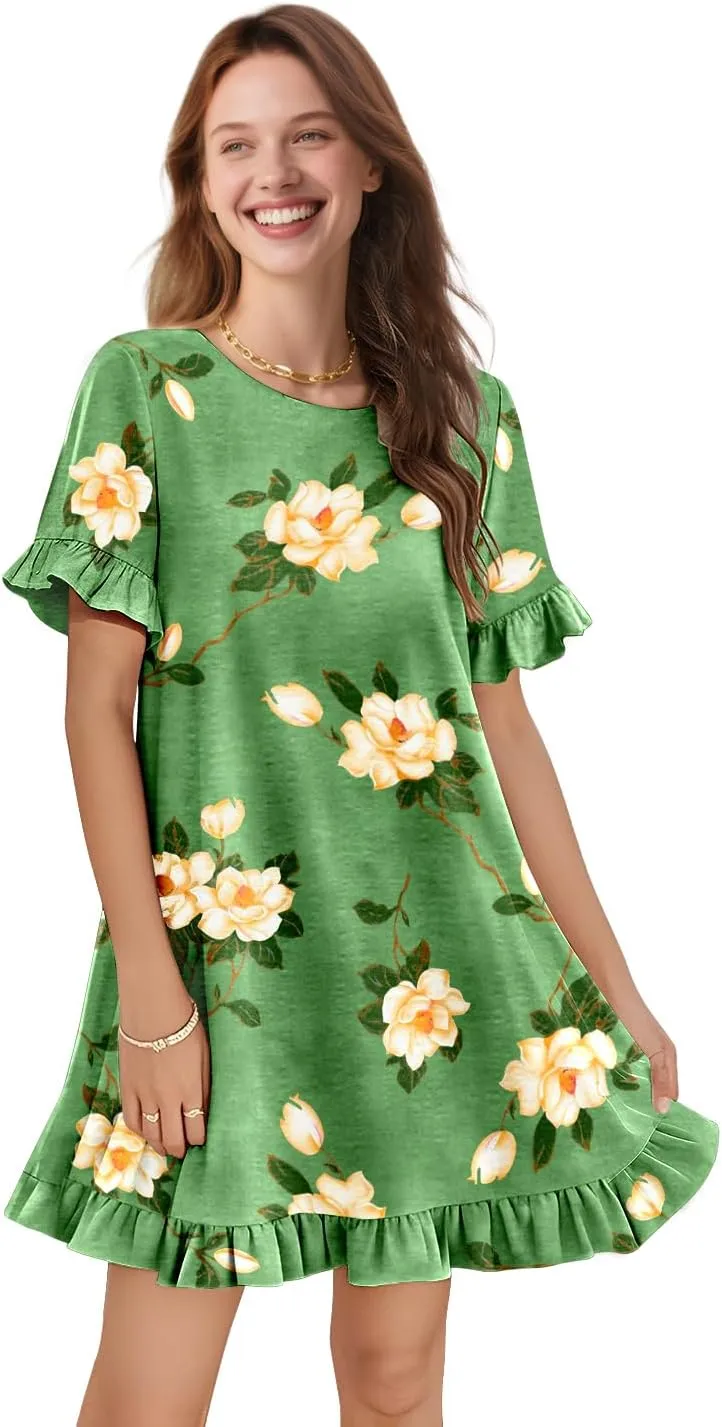 YESNO Summer Dresses for Women 2025 Floral Boho Ruffle Short Sleeve Sundresses Casual Shift Dress ESA
