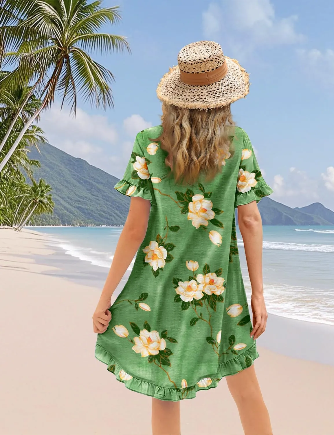 YESNO Summer Dresses for Women 2025 Floral Boho Ruffle Short Sleeve Sundresses Casual Shift Dress ESA