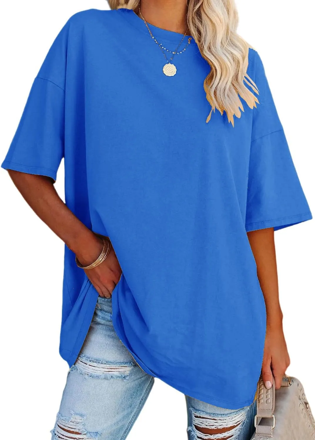 YEXIPO Women's Oversized T Shirts Summer Short Sleeve Loose Fit Casual Crewneck Plain Tunic Tops