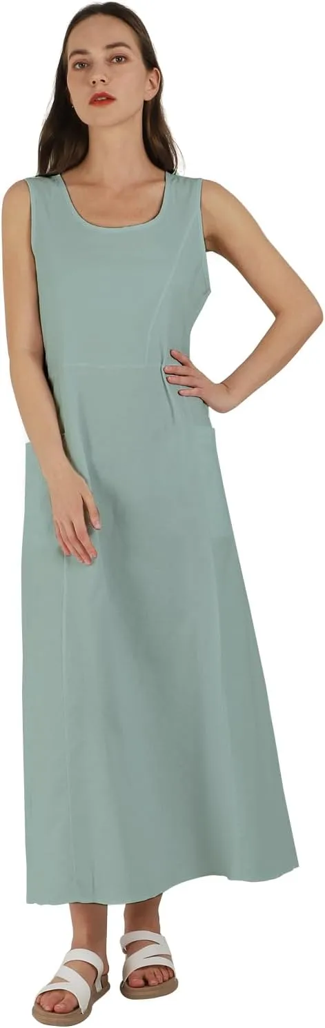 yoeasy Women's Cotton Linen Casual Loose Pockets Long Dress Plain Sleeveless Tank Dress