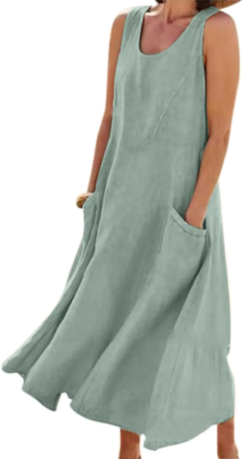 yoeasy Women's Cotton Linen Casual Loose Pockets Long Dress Plain Sleeveless Tank Dress
