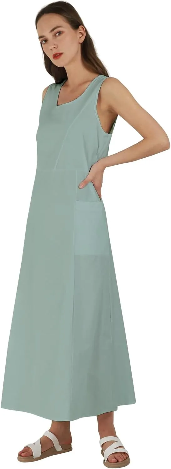 yoeasy Women's Cotton Linen Casual Loose Pockets Long Dress Plain Sleeveless Tank Dress