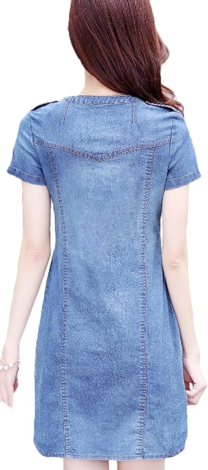 Youhan Women's Vintage Fitted V-Neck Short Sleeve Denim Dress