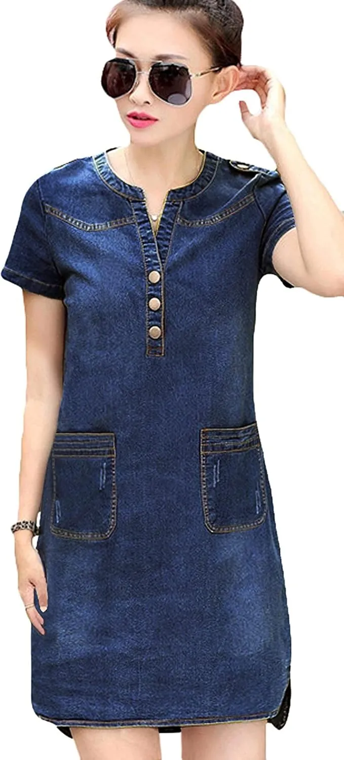 Youhan Women's Vintage Fitted V-Neck Short Sleeve Denim Dress