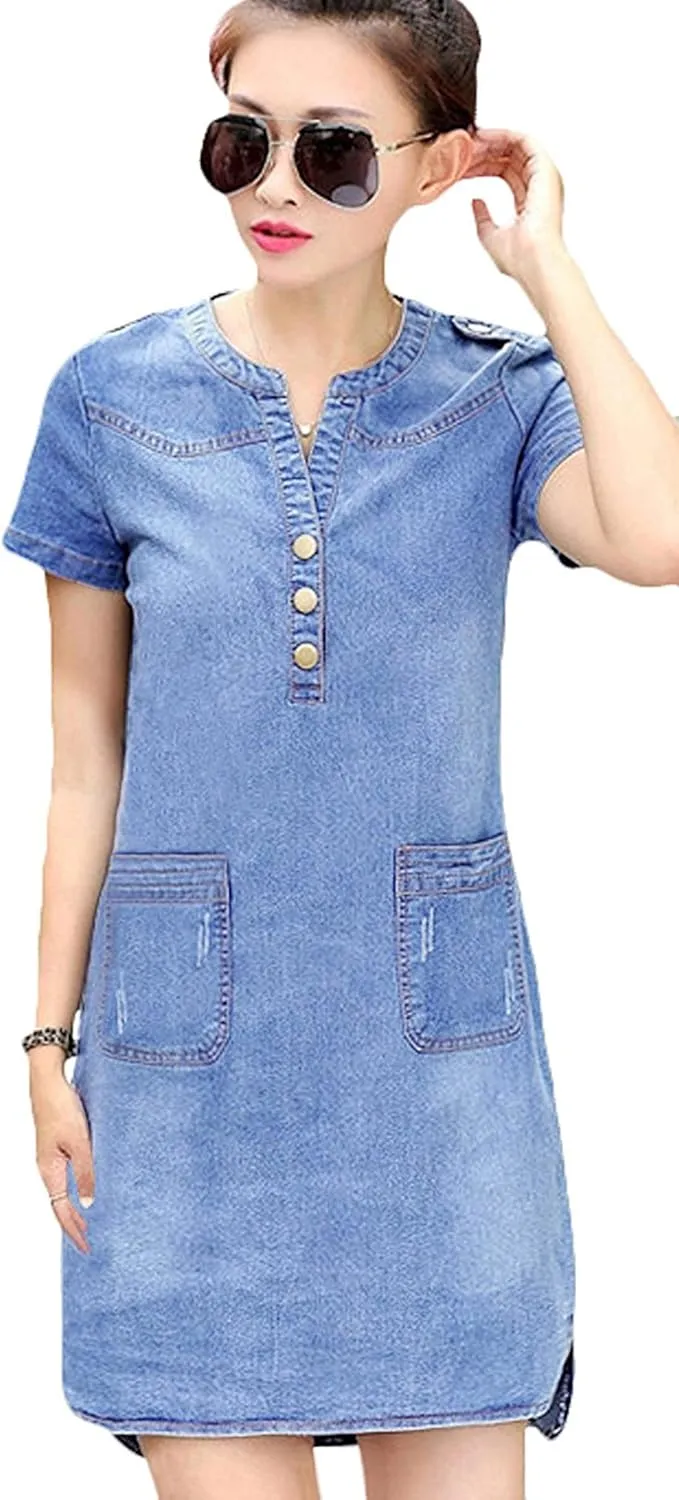 Youhan Women's Vintage Fitted V-Neck Short Sleeve Denim Dress