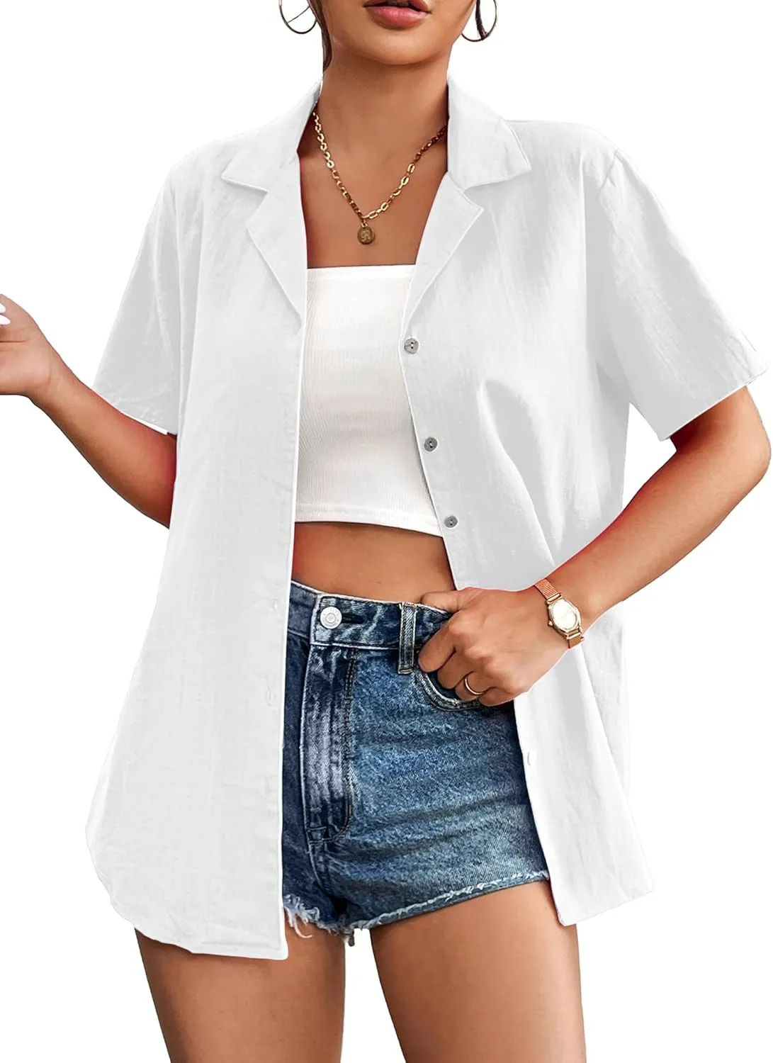 Zeagoo Women Cotton Shirt Button Down Short Sleeve Linen V Neck Blouse Casual Work Tunic