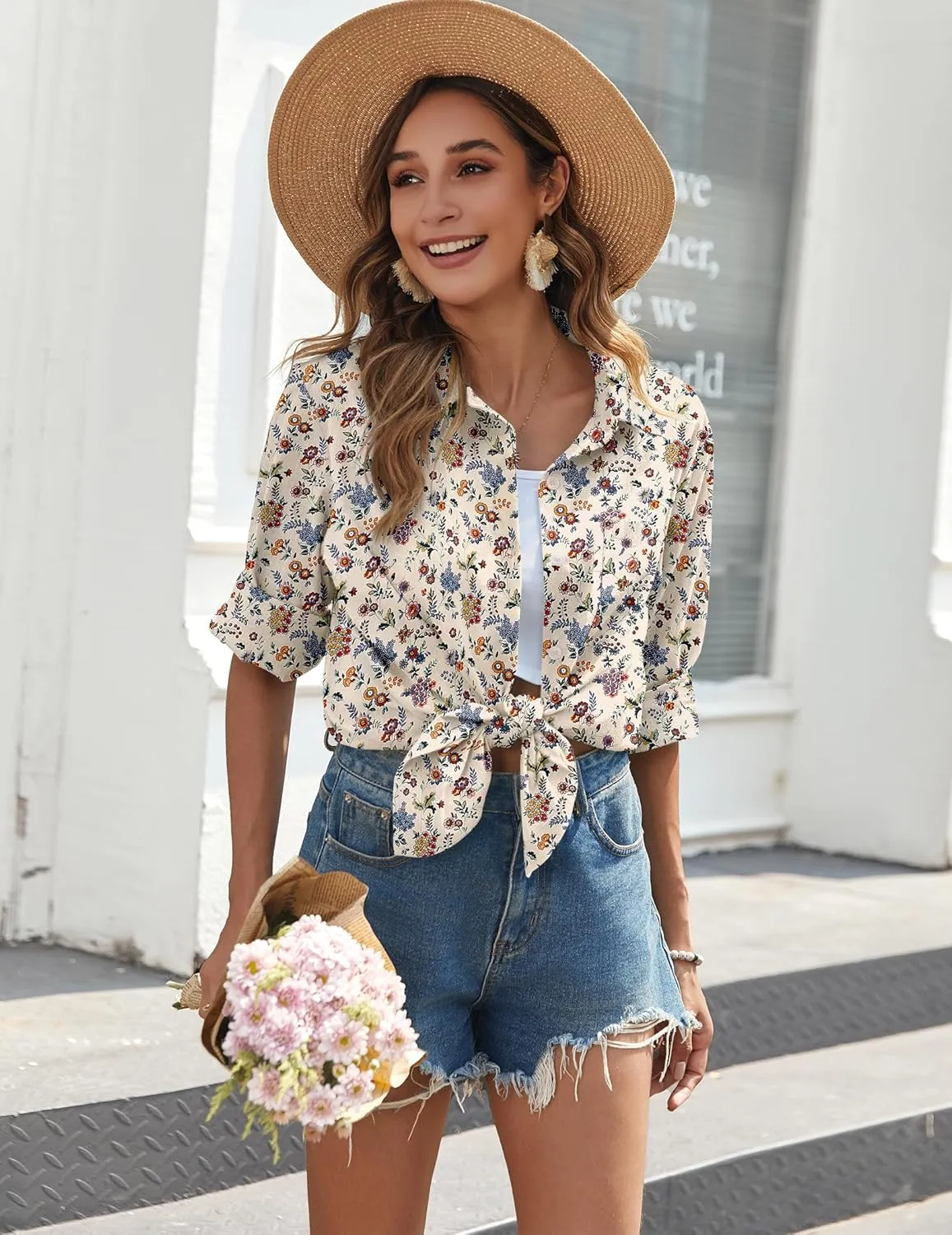 Zeagoo Womens Button Down Shirts Long Sleeve Cotton Gauze Tops Casual Collared Blouses Loose Fit