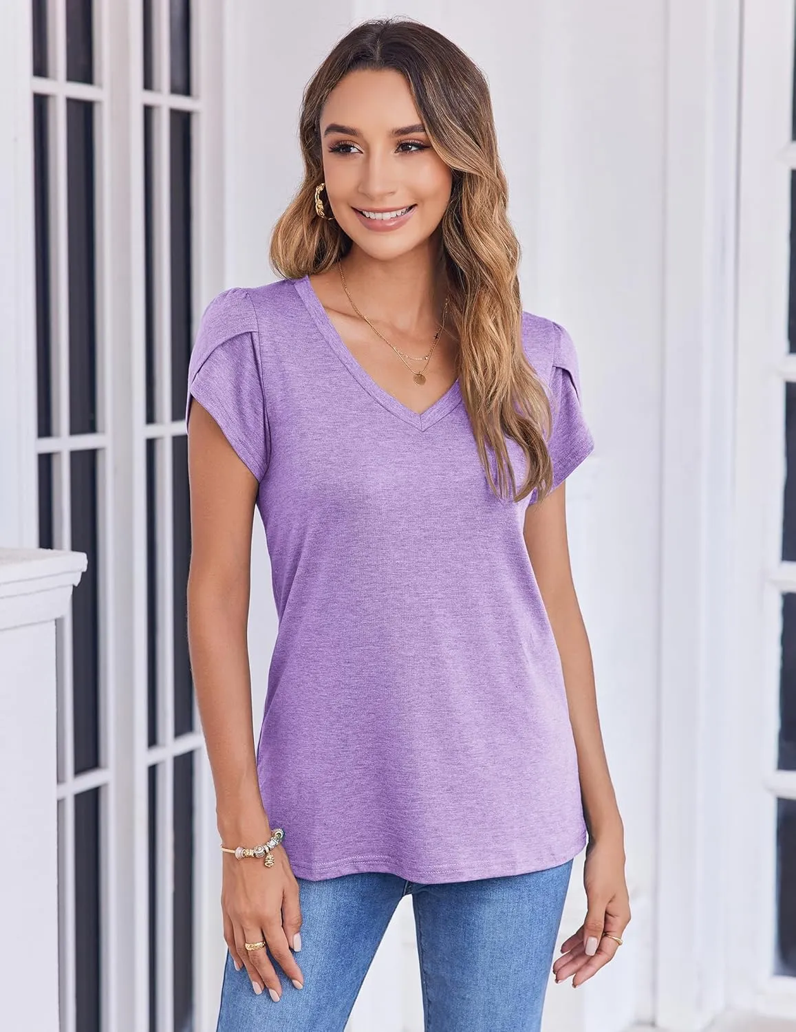 Zeagoo Womens Shirts Casual Short Sleeve Tees Dressy Casual Patel Blouses V Neck Summer Tops