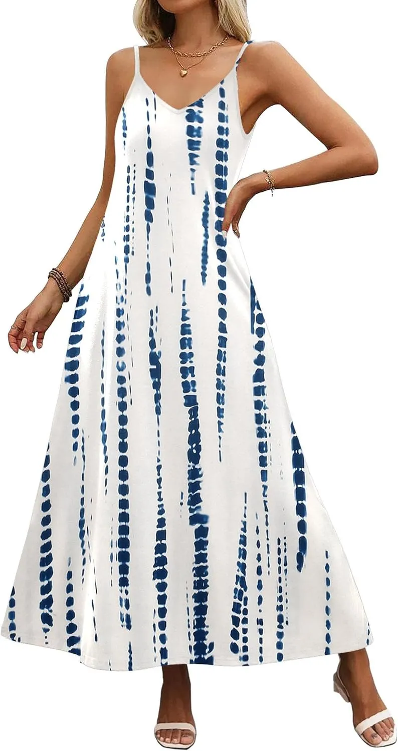 Zeagoo Womens Summer Maxi Dress Spaghetti Strap Casual Printed Dress Boho Floral Beach Sundress,