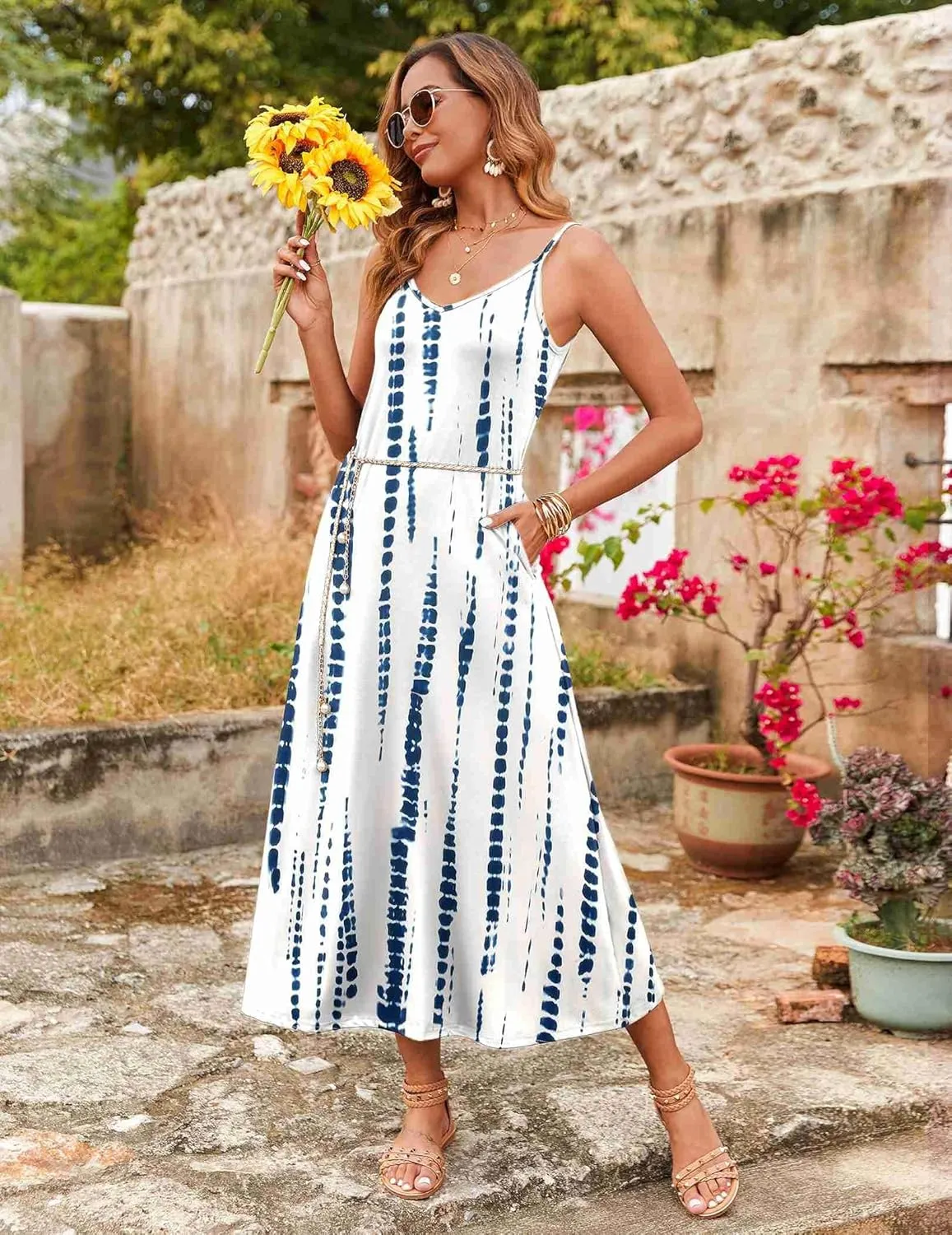 Zeagoo Womens Summer Maxi Dress Spaghetti Strap Casual Printed Dress Boho Floral Beach Sundress,