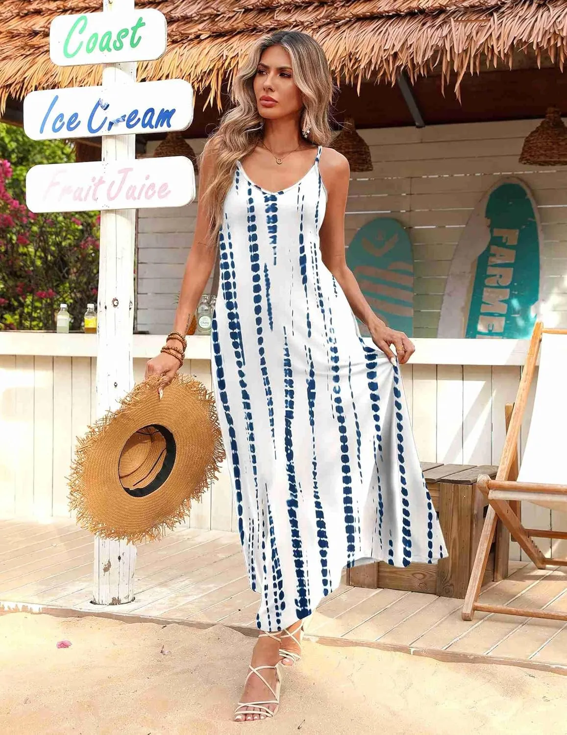 Zeagoo Womens Summer Maxi Dress Spaghetti Strap Casual Printed Dress Boho Floral Beach Sundress,