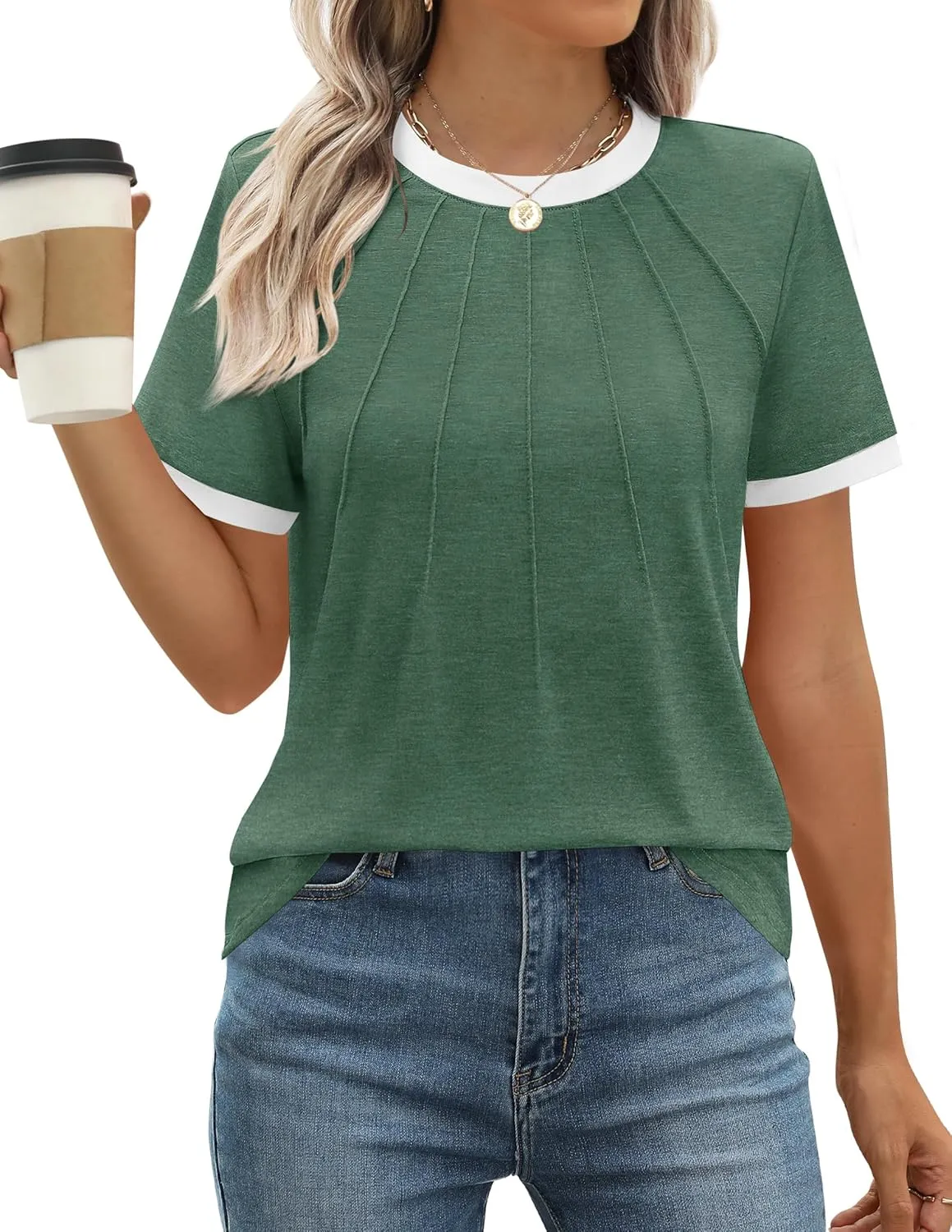 ZESICA Women's Casual Short Sleeve Pleated Shirts 2025 Summer Dressy Crewneck Color Block Tops